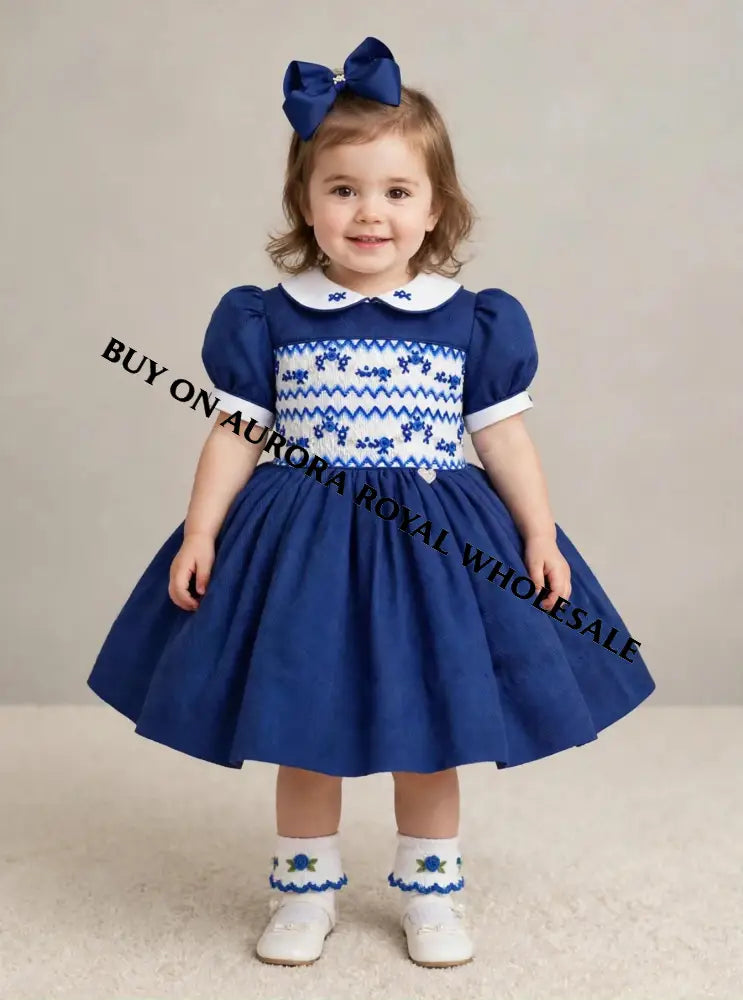 PRE-ORDER & GET IT NEXT WEEK‼️NEW😍PACK OF 6 SIZES VICKY ROYAL BLUE❄️HAND-SMOCKED🧵🪡DRESS & ACCESSORIES🎀🎄