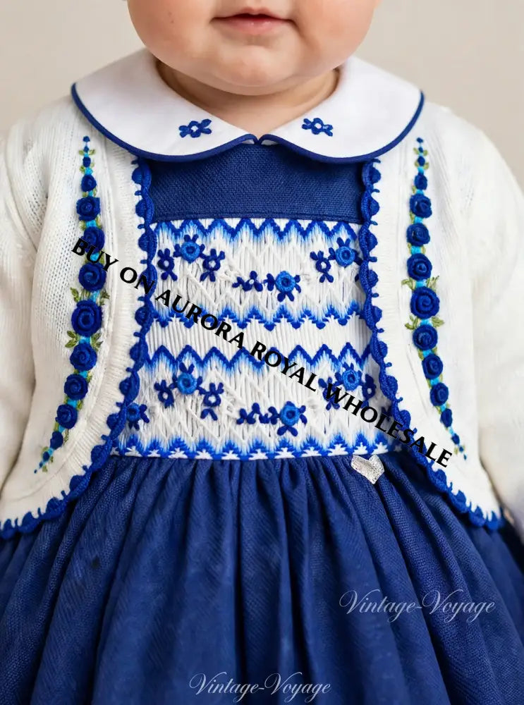 PRE-ORDER & GET IT NEXT WEEK‼️NEW😍PACK OF 6 SIZES VICKY ROYAL BLUE❄️HAND-SMOCKED🧵🪡DRESS & ACCESSORIES🎀🎄