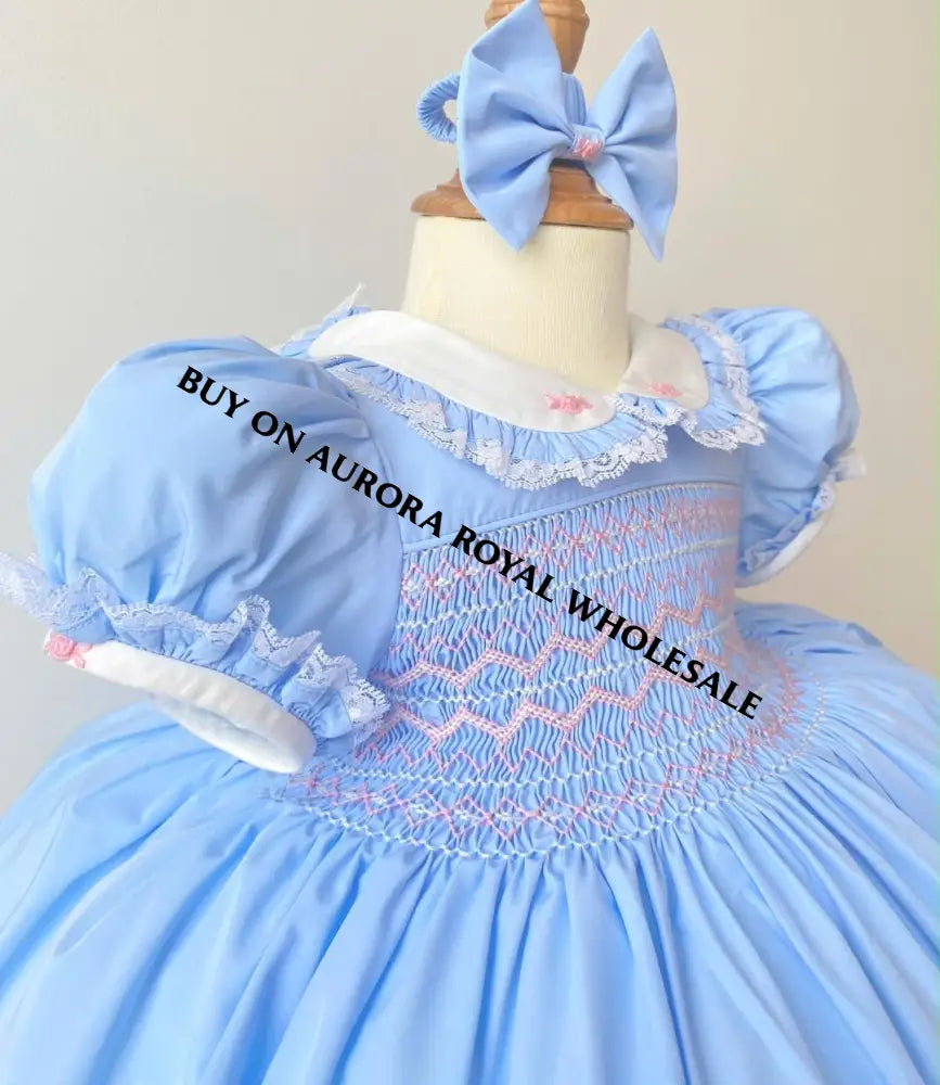 PRE-ORDER & GET IT NEXT WEEK‼️NEW SEASON🍁☀️KELLY PACK OF 6 SIZES SKY BLUE🩵HAND-SMOCKED🧵🪡DRESS & ACCESSORIES🎀 - DRESS