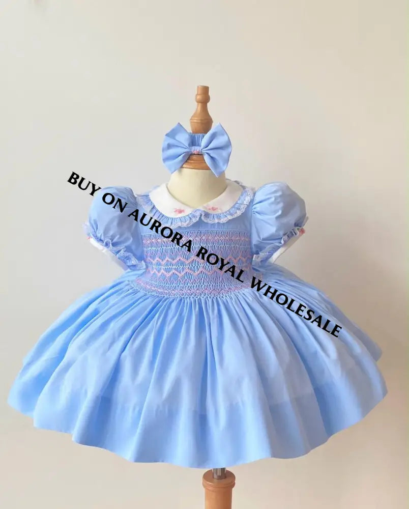 PRE-ORDER & GET IT NEXT WEEK‼️NEW SEASON🍁☀️KELLY PACK OF 6 SIZES SKY BLUE🩵HAND-SMOCKED🧵🪡DRESS & ACCESSORIES🎀 - DRESS