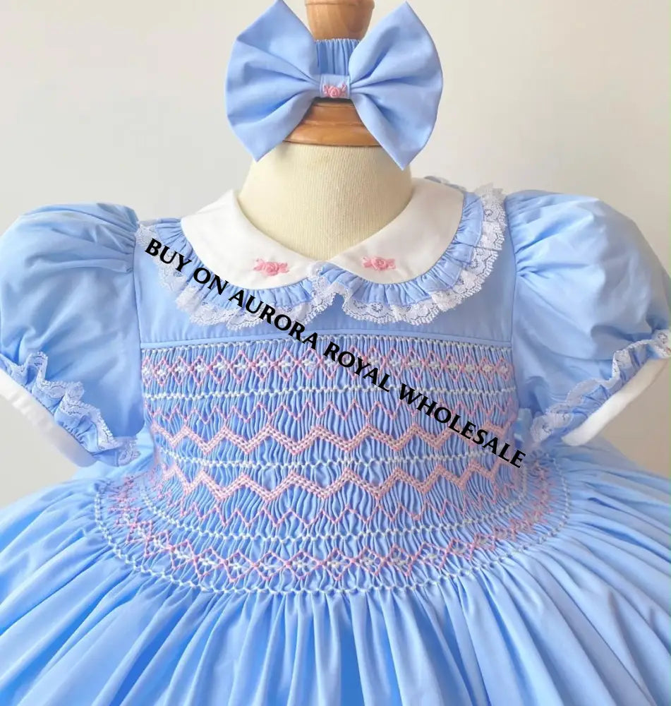 PRE-ORDER & GET IT NEXT WEEK‼️NEW SEASON🍁☀️KELLY PACK OF 6 SIZES SKY BLUE🩵HAND-SMOCKED🧵🪡DRESS & ACCESSORIES🎀 - DRESS