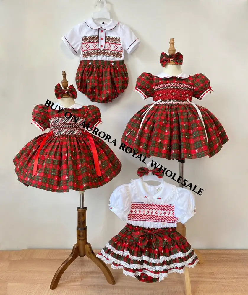 PRE-ORDER & GET IT NEXT WEEK‼️NEW SEASON🎄PACK OF 5 SIZES CANDY 🍭TARTAN HAND-SMOCKED🧵🪡👑DRESS & ACCESSORIES🎀 - DRESS