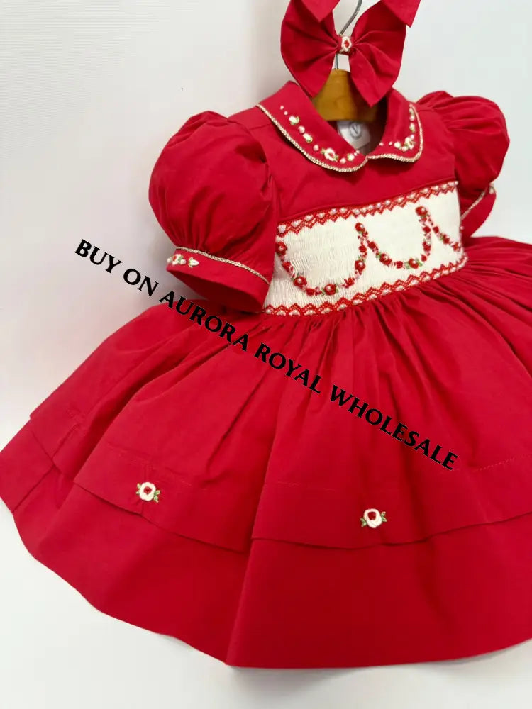 PRE-ORDER&GET IT NEXT WEEK🤩NEW SEASON PACK OF 5 SIZES CHRISTIE RED❤️HAND-SMOCKED🧵🪡👑DRESS & ACCESSORIES🎀❄️ - DRESS