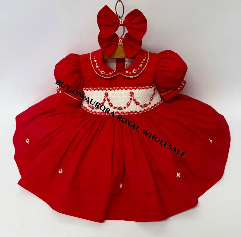 PRE-ORDER&GET IT NEXT WEEK🤩NEW SEASON PACK OF 5 SIZES CHRISTIE RED❤️HAND-SMOCKED🧵🪡👑DRESS & ACCESSORIES🎀❄️ - DRESS