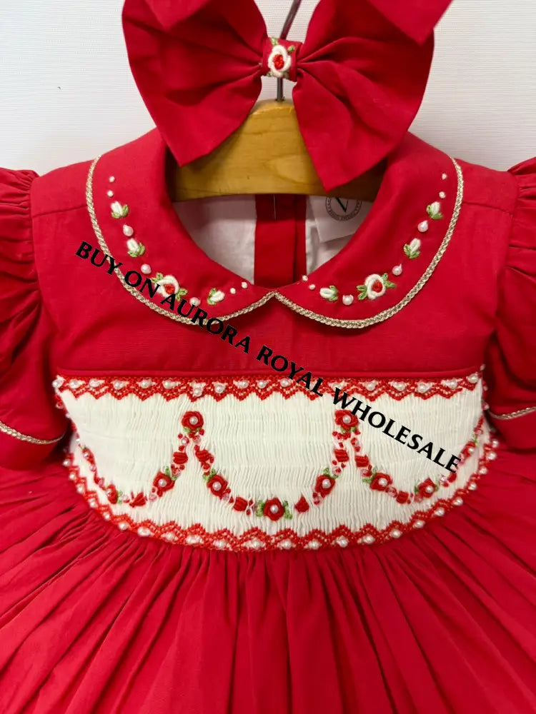 PRE-ORDER&GET IT NEXT WEEK🤩NEW SEASON PACK OF 5 SIZES CHRISTIE RED❤️HAND-SMOCKED🧵🪡👑DRESS & ACCESSORIES🎀❄️ - DRESS