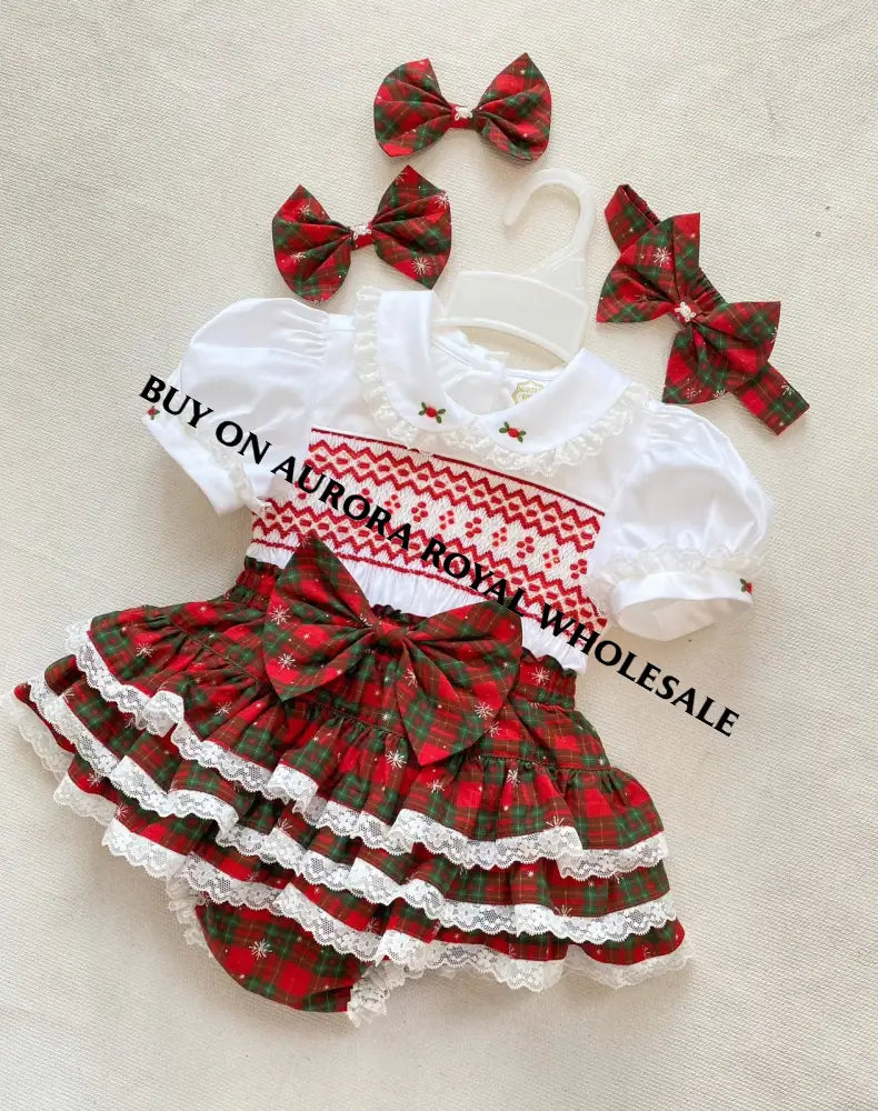 PRE-ORDER & GET IT NEXT WEEK‼️NEW SEASON🎄PACK OF 5 SIZES DECEMBER BABY GIRLS TARTAN🥰HAND-SMOCKED 🧵🪡👑SKIRT SET🎀 - ROMPER