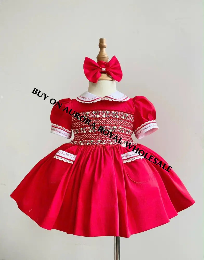 PRE-ORDER & GET IT NEXT WEEK‼️NEW SEASON🎄PACK OF 5 SIZES ISABELLA RED❤️HAND-SMOCKED🧵🪡👑DRESS & ACCESSORIES🎀❄️ - DRESS