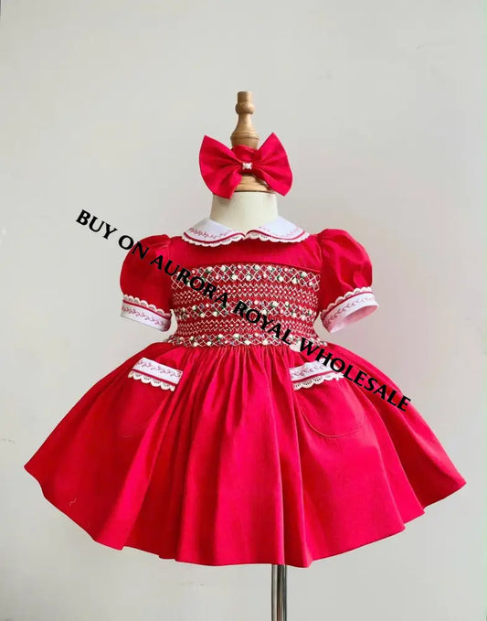 PRE-ORDER & GET IT NEXT WEEK‼️NEW SEASON🎄PACK OF 5 SIZES ISABELLA RED❤️HAND-SMOCKED🧵🪡👑DRESS & ACCESSORIES🎀❄️ - DRESS