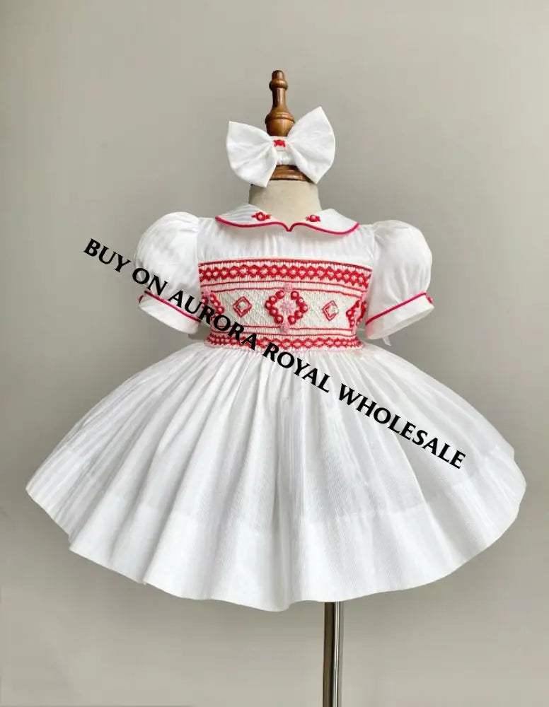 PRE-ORDER & GET IT SOON‼️NEW🎄PACK OF 6 SIZES EVANGELINE IVORY & RED HAND-SMOCKED🧵🪡👑DRESS & ACCESSORIES🎀 - DRESS
