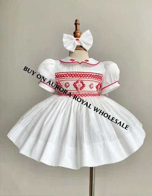 PRE-ORDER & GET IT SOON‼️NEW🎄PACK OF 6 SIZES EVANGELINE IVORY & RED HAND-SMOCKED🧵🪡👑DRESS & ACCESSORIES🎀 - DRESS