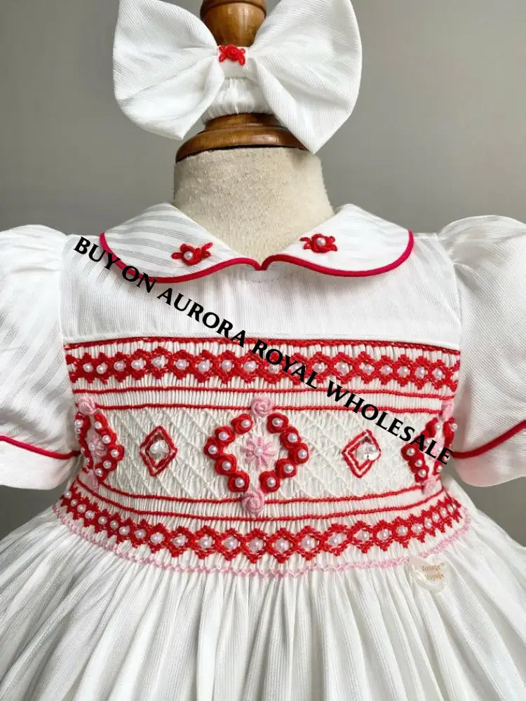 PRE-ORDER & GET IT SOON‼️NEW🎄PACK OF 6 SIZES EVANGELINE IVORY & RED HAND-SMOCKED🧵🪡👑DRESS & ACCESSORIES🎀 - DRESS