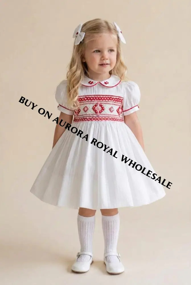 PRE-ORDER & GET IT SOON‼️NEW🎄PACK OF 6 SIZES EVANGELINE IVORY & RED HAND-SMOCKED🧵🪡👑DRESS & ACCESSORIES🎀 - DRESS
