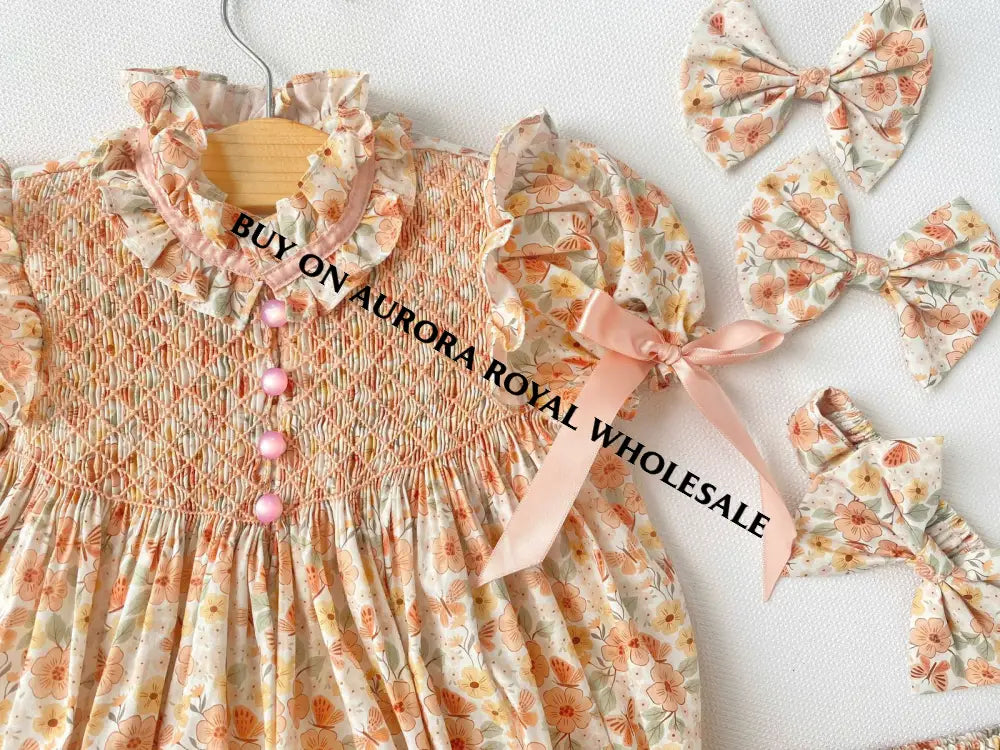 PRE-ORDER&GET NEXT WEEK! NEW☀️BELLE PEACH FLOWERS HAND-SMOCKED ROMPER & HAIR BOWS🎀 BABY/TODDLER OUTFIT