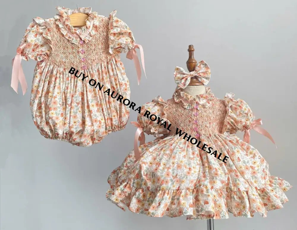 PRE-ORDER&GET NEXT WEEK! NEW☀️BELLE PEACH FLOWERS HAND-SMOCKED ROMPER & HAIR BOWS🎀 BABY/TODDLER OUTFIT