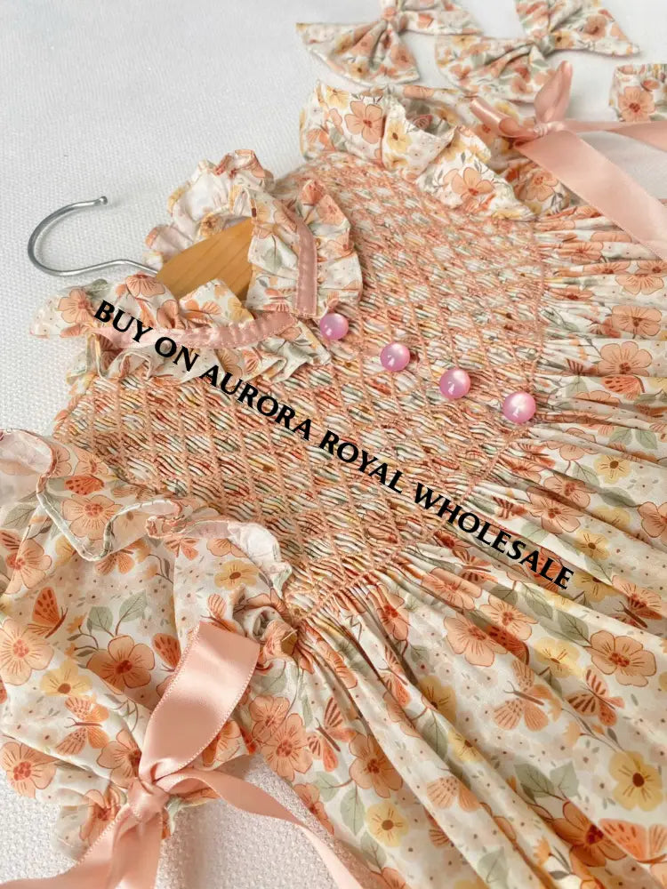 PRE-ORDER&GET NEXT WEEK! NEW☀️BELLE PEACH FLOWERS HAND-SMOCKED ROMPER & HAIR BOWS🎀 BABY/TODDLER OUTFIT