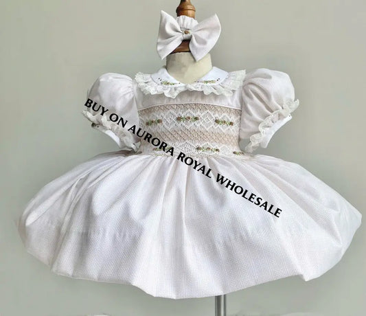 PRE-ORDER & GET NEXT WEEK‼️NEW🤩PACK OF 5 SIZES ANNALISE BEIGE🍦HAND-SMOCKED🧵🪡DRESS & HAIR ACCESSORIES🎀 BABY/TODDLER DRESS