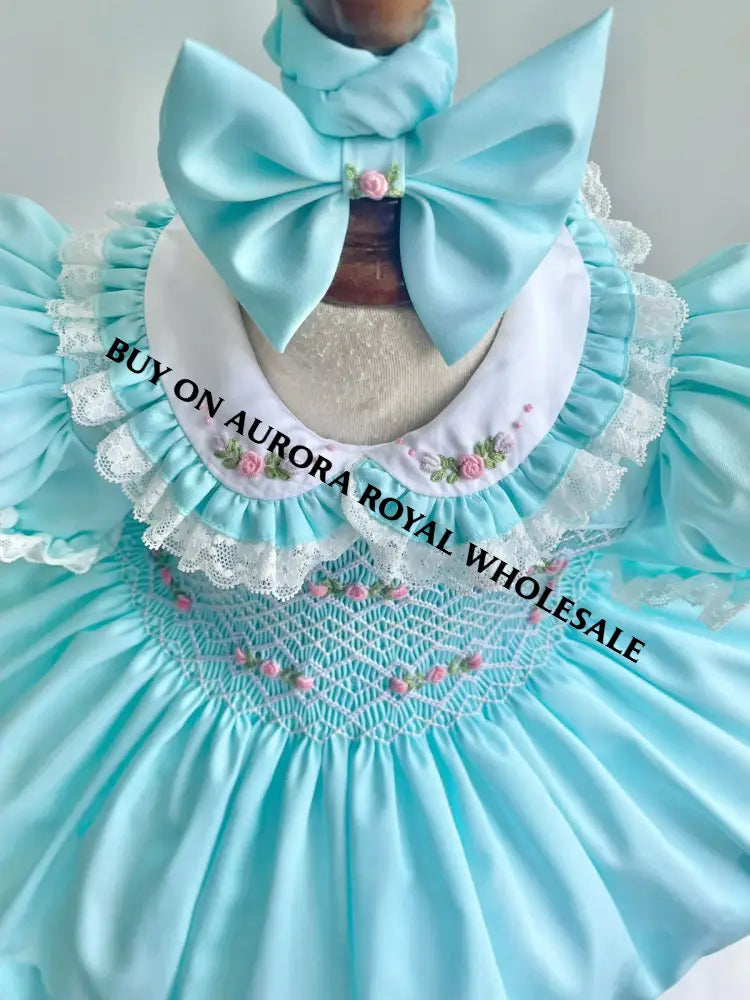PRE-ORDER & GET NEXT WEEK‼️NEW🤩PACK OF 5 SIZES ANNALISE TURQUOISE🐬HAND-SMOCKED🧵🪡DRESS & HAIR ACCESSORIES🎀 BABY/TODDLER