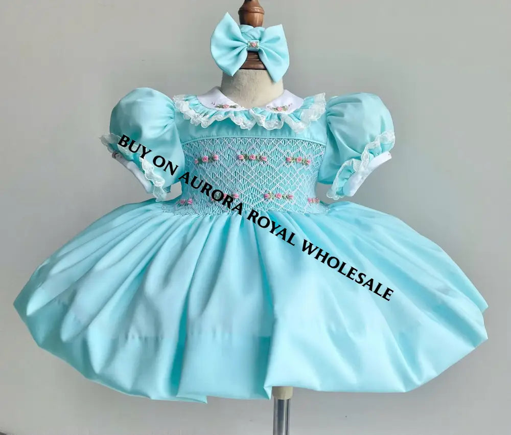 PRE-ORDER & GET NEXT WEEK‼️NEW🤩PACK OF 5 SIZES ANNALISE TURQUOISE🐬HAND-SMOCKED🧵🪡DRESS & HAIR ACCESSORIES🎀 BABY/TODDLER