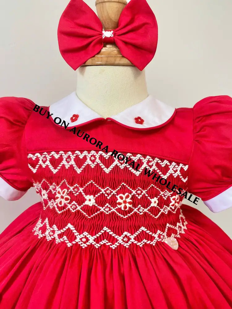 PRE-ORDER & GET NEXT WEEK‼️NEW🎄🧑‍🎄PACK OF 5 SIZES CHARISTINA RED❤️HAND-SMOCKED🧵🪡👑DRESS & ACCESSORIES🎀 - DRESS