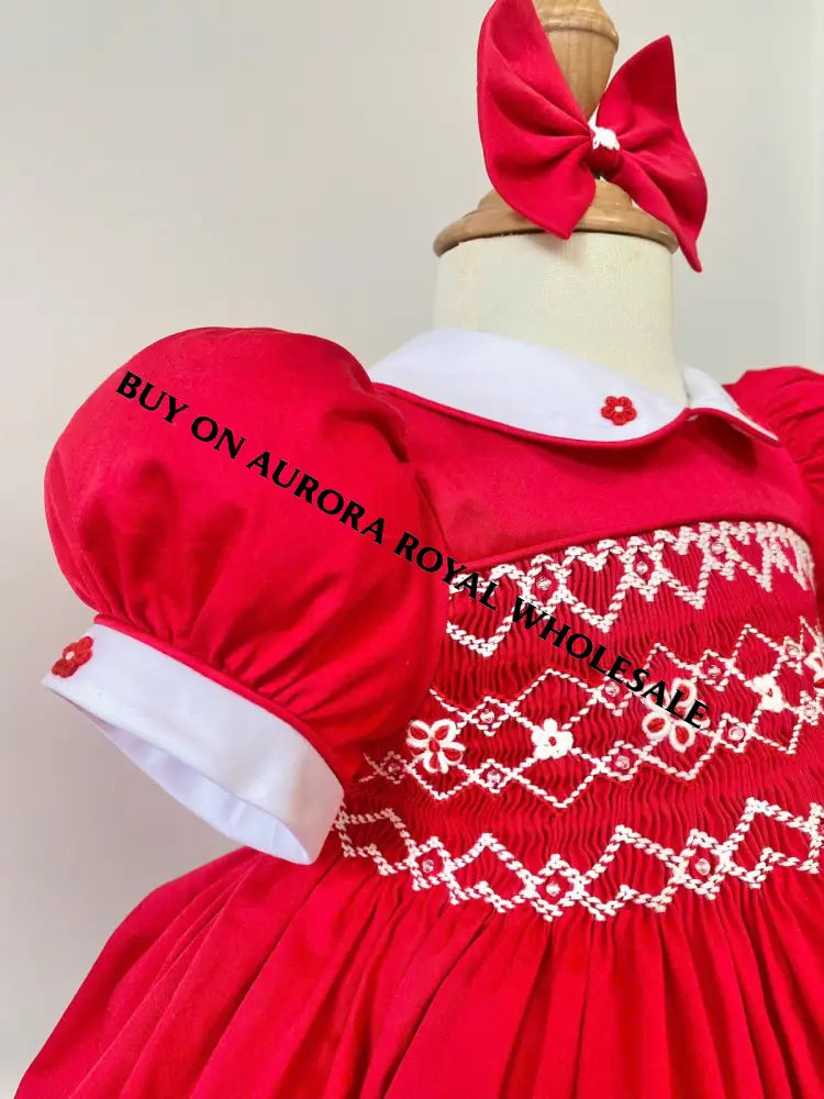 PRE-ORDER & GET NEXT WEEK‼️NEW🎄🧑‍🎄PACK OF 5 SIZES CHARISTINA RED❤️HAND-SMOCKED🧵🪡👑DRESS & ACCESSORIES🎀 - DRESS
