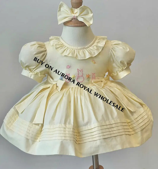 PRE-ORDER & GET NEXT WEEK🤩NEW☀️PACK OF 5 SIZES COCO PALE LEMON🐰HAND-EMBROIDERED BABY DRESS SET🎀👼 BABY/TODDLER DRESS