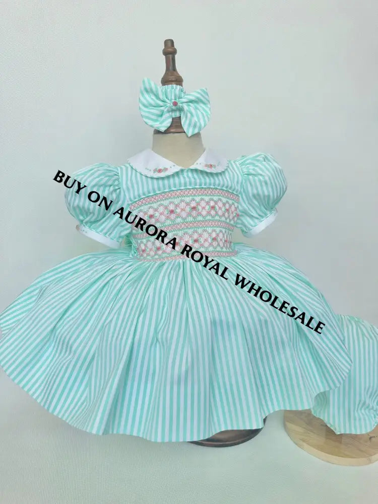 PRE-ORDER & GET NEXT WEEK‼️NEW PACK OF 5 SIZES🧚EMMA MINT👗 STRIPES HAND-SMOCKED🧵🪡DRESS,PANTIES(3M-24M) & HAIR