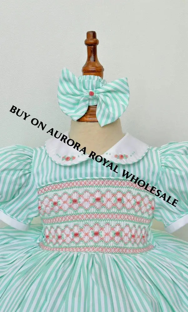 PRE-ORDER & GET NEXT WEEK‼️NEW PACK OF 5 SIZES🧚EMMA MINT👗 STRIPES HAND-SMOCKED🧵🪡DRESS,PANTIES(3M-24M) & HAIR