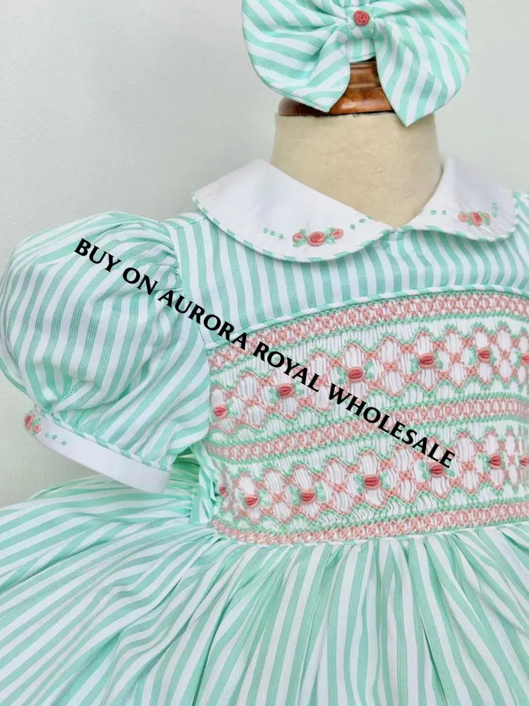 PRE-ORDER & GET NEXT WEEK‼️NEW PACK OF 5 SIZES🧚EMMA MINT👗 STRIPES HAND-SMOCKED🧵🪡DRESS,PANTIES(3M-24M) & HAIR
