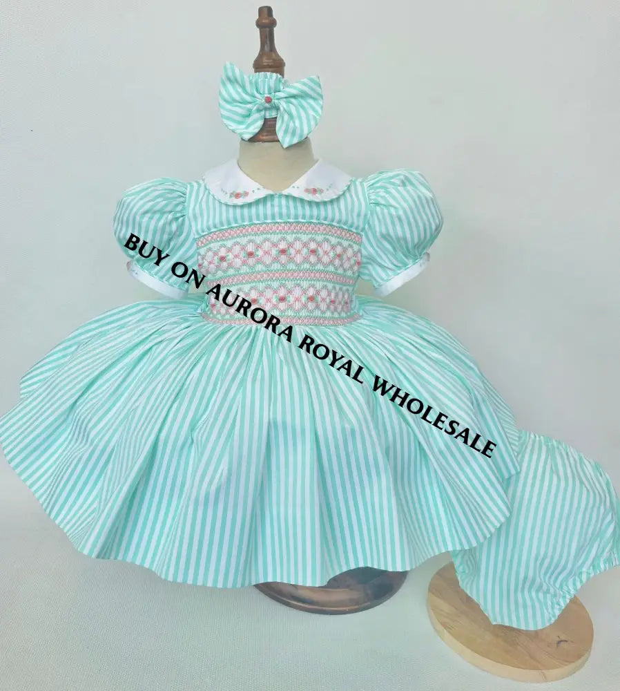 PRE-ORDER & GET NEXT WEEK‼️NEW PACK OF 5 SIZES🧚EMMA MINT👗 STRIPES HAND-SMOCKED🧵🪡DRESS,PANTIES(3M-24M) & HAIR