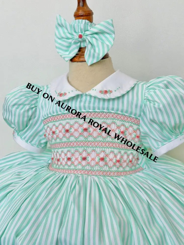 PRE-ORDER & GET NEXT WEEK‼️NEW PACK OF 5 SIZES🧚EMMA MINT👗 STRIPES HAND-SMOCKED🧵🪡DRESS,PANTIES(3M-24M) & HAIR