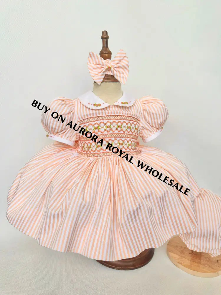 PRE-ORDER & GET NEXT WEEK‼️NEW🤩PACK OF 5 SIZES EMMA PEACHY/ORANGE🍊STRIPES HAND-SMOCKED🧵🪡DRESS,PANTIES(3M-24M) & HAIR