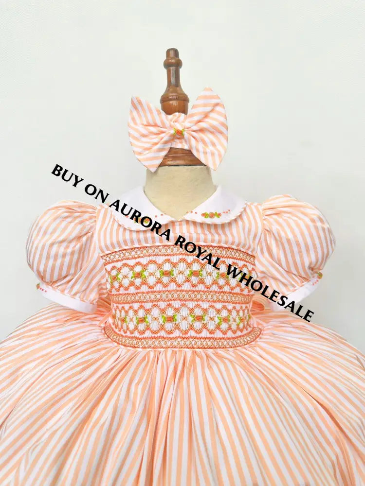 PRE-ORDER & GET NEXT WEEK‼️NEW🤩PACK OF 5 SIZES EMMA PEACHY/ORANGE🍊STRIPES HAND-SMOCKED🧵🪡DRESS,PANTIES(3M-24M) & HAIR