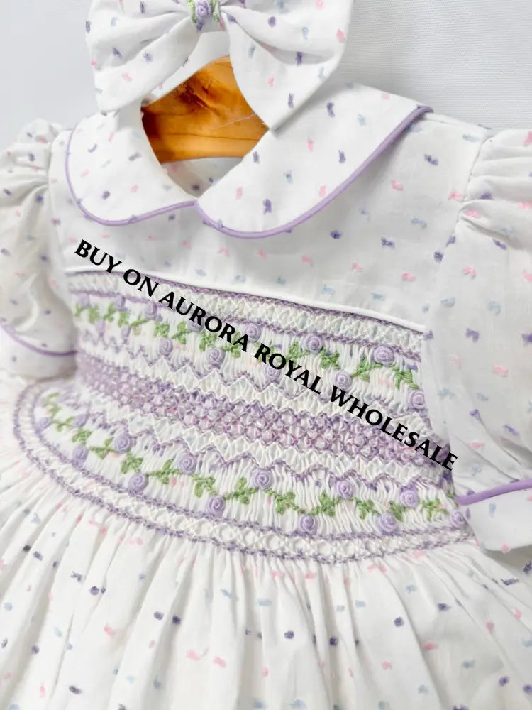 PRE-ORDER & GET NEXT WEEK‼️NEW PACK OF 5 SIZES 💞EVELYN SWISS DOT LILAC🌸HAND-SMOCKED🧵🪡DRESS PANTIES & HAIR ACCESSORIES🎀