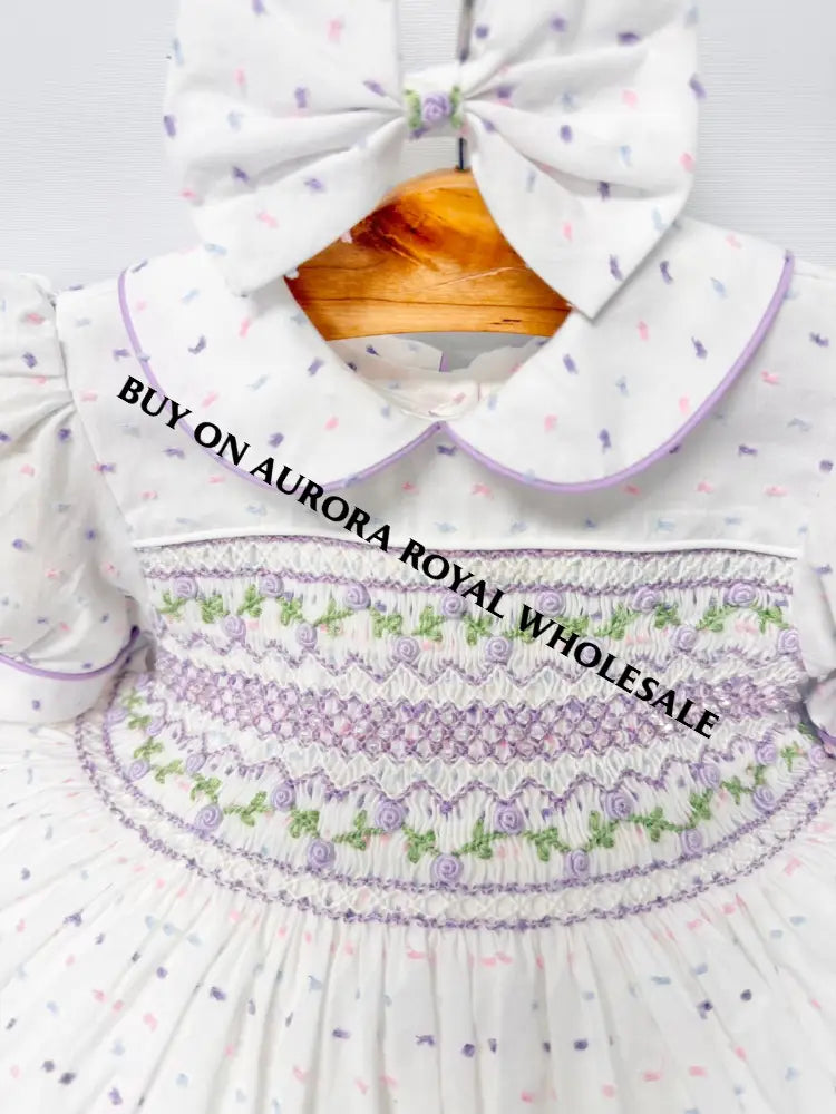 PRE-ORDER & GET NEXT WEEK‼️NEW PACK OF 5 SIZES 💞EVELYN SWISS DOT LILAC🌸HAND-SMOCKED🧵🪡DRESS PANTIES & HAIR ACCESSORIES🎀
