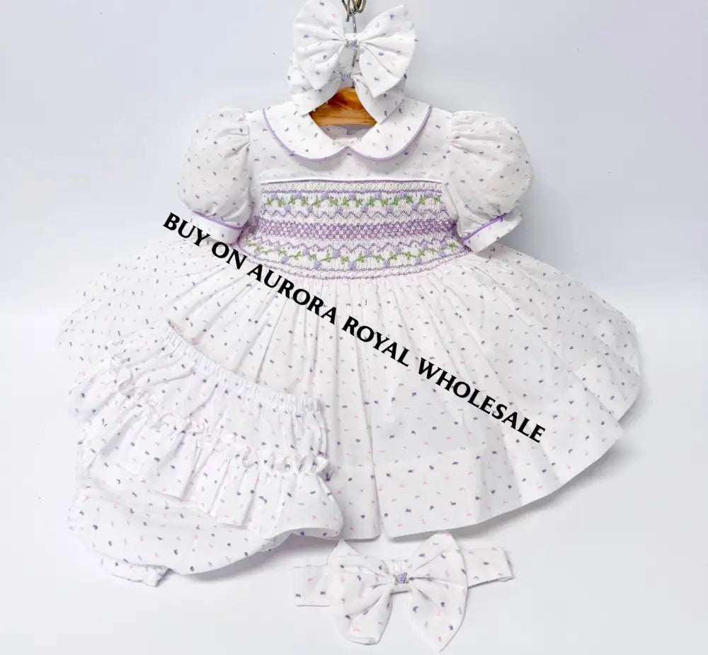 PRE-ORDER & GET NEXT WEEK‼️NEW PACK OF 5 SIZES 💞EVELYN SWISS DOT LILAC🌸HAND-SMOCKED🧵🪡DRESS PANTIES & HAIR ACCESSORIES🎀