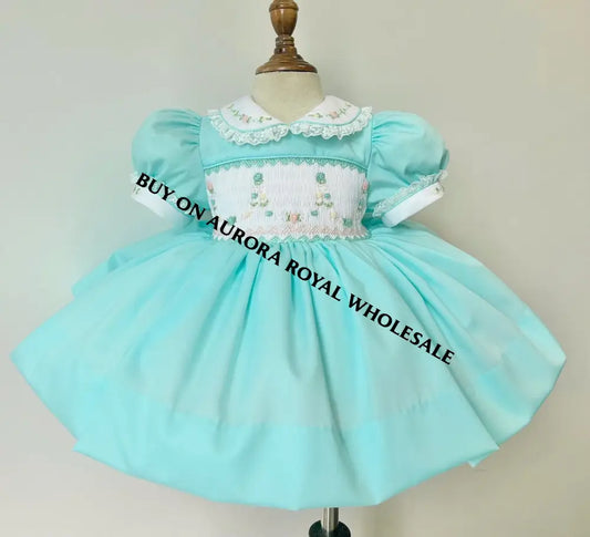 PRE-ORDER & GET NEXT WEEK‼️NEW PACK OF 5 SIZES 🌷MARY👑 TURQUOISE HAND-SMOCKED🧵🪡DRESS PANTIES & HAIR ACCESSORIES🎀