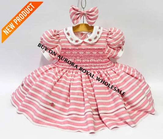 PRE ORDER&GET NEXT WEEK‼️NEW PACK OF 5 SIZES 🍁OLIVIA CORAL🪸STRIPES FRONT & BACK HAND SMOCKED🧵🪡 DRESS & HAIR BOWS🎀