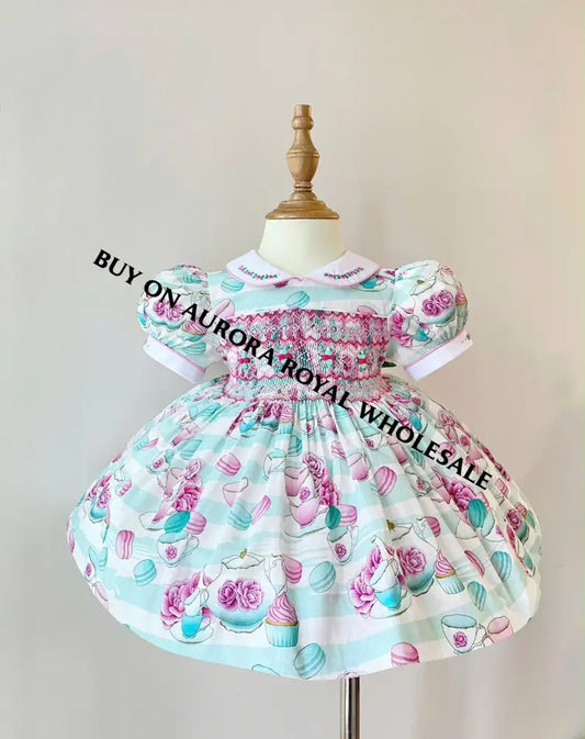 PRE-ORDER & GET NEXT WEEK‼️NEW😍PACK OF 5 SIZES PATRICIA CUSTOM PRINTED☕️🌸HAND-SMOCKED🧵🪡DRESS & ACCESSORIES🎀 - DRESS