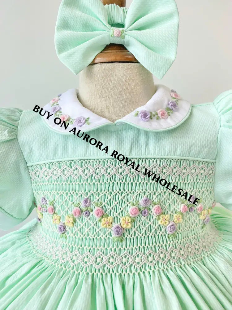 PRE-ORDER & GET NEXT WEEK‼️NEW PACK OF 5 SIZES 🤩VIOLA MINT👗FRONT & BACK HAND SMOCKED🧵🪡DRESS,PANTIES & HAIR