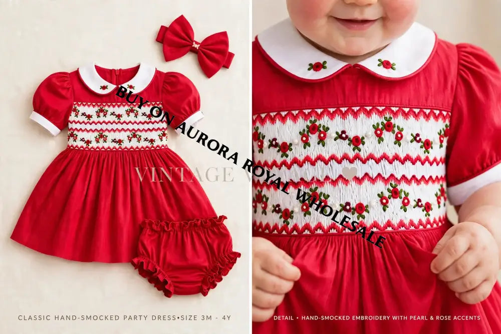 PRE-ORDER & GET NEXT WEEK! NEW! PACK OF 6 SIZES GLORIA HAND-SMOCKED🧵🪡RED❤️CHRISTMAS🧵🪡DRESS & ACCESSORIES🎀 - DRESS