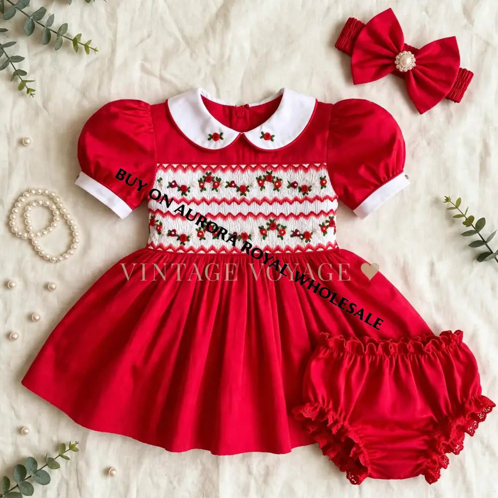 PRE-ORDER & GET NEXT WEEK! NEW! PACK OF 6 SIZES GLORIA HAND-SMOCKED🧵🪡RED❤️CHRISTMAS🧵🪡DRESS & ACCESSORIES🎀 - DRESS