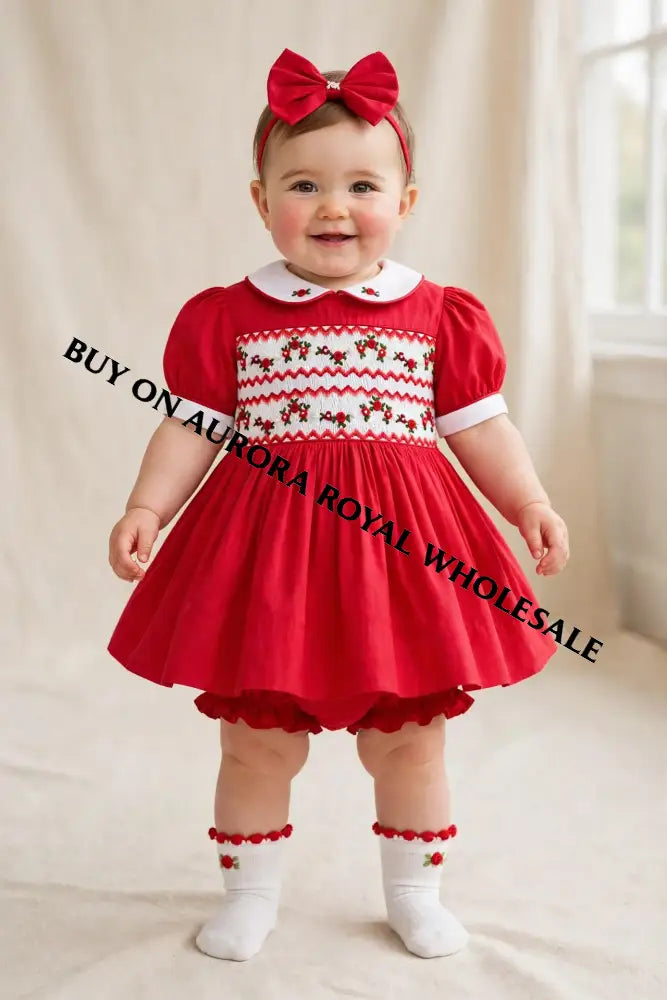 PRE-ORDER & GET NEXT WEEK! NEW! PACK OF 6 SIZES GLORIA HAND-SMOCKED🧵🪡RED❤️CHRISTMAS🧵🪡DRESS & ACCESSORIES🎀 - DRESS
