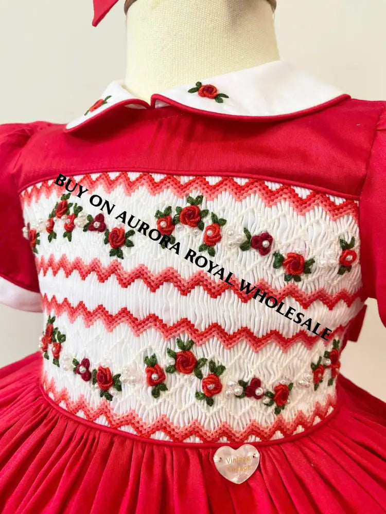 PRE-ORDER & GET NEXT WEEK! NEW! PACK OF 6 SIZES GLORIA HAND-SMOCKED🧵🪡RED❤️CHRISTMAS🧵🪡DRESS & ACCESSORIES🎀 - DRESS