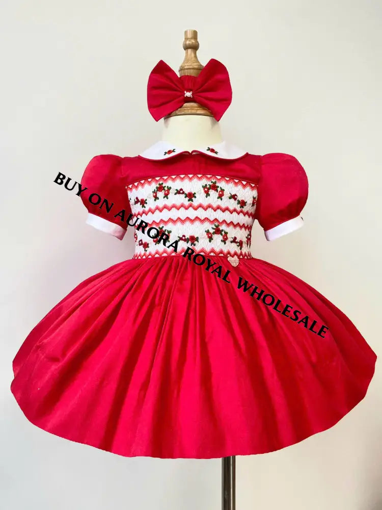 PRE-ORDER & GET NEXT WEEK! NEW! PACK OF 6 SIZES GLORIA HAND-SMOCKED🧵🪡RED❤️CHRISTMAS🧵🪡DRESS & ACCESSORIES🎀 - DRESS