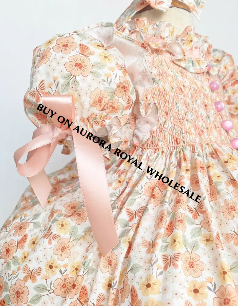 PRE-ORDER&GET NEXT WEEK‼️NEW☀️PACK OF 7 SIZES ANNABELLE PEACH FLORAL⚜️HAND-SMOCKED DRESS,🧵🪡KNICKERS & HAIR BOWS🎀