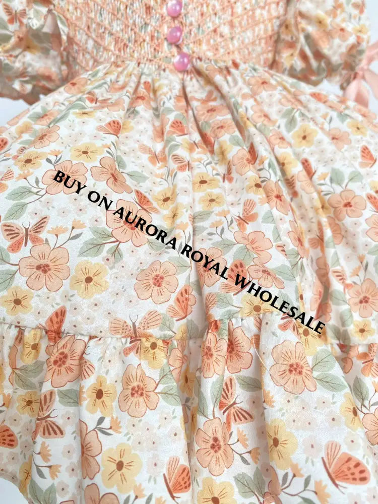 PRE-ORDER&GET NEXT WEEK‼️NEW☀️PACK OF 7 SIZES ANNABELLE PEACH FLORAL⚜️HAND-SMOCKED DRESS,🧵🪡KNICKERS & HAIR BOWS🎀