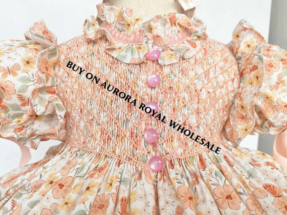 PRE-ORDER&GET NEXT WEEK‼️NEW☀️PACK OF 7 SIZES ANNABELLE PEACH FLORAL⚜️HAND-SMOCKED DRESS,🧵🪡KNICKERS & HAIR BOWS🎀