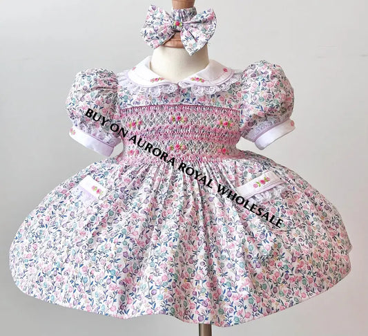 PRE-ORDER & GET NEXT WEEK🤩NEW PACK OF 7 SIZES 😍GARDEN PARTY🌷🌹COTTON HAND-SMOCKED🧵🪡DRESS,PANTIES & HAIR ACCESSORIES🎀