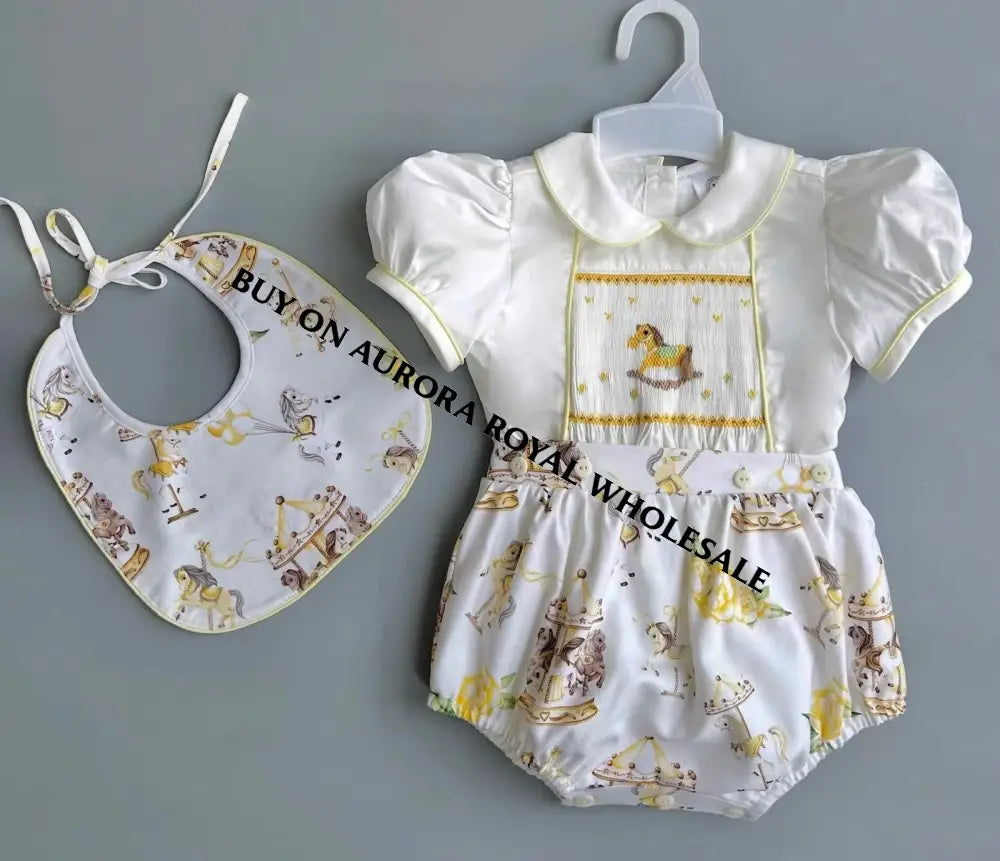 PRE-ORDER&GET NEXT WEEK‼️PACK OF 5 SIZES NEW☀️CAROUSEL🎠LEMON BABY BOY👼HAND-SMOCKED ROMPER/SUIT🧵🪡 BABY/TODDLER OUTFIT