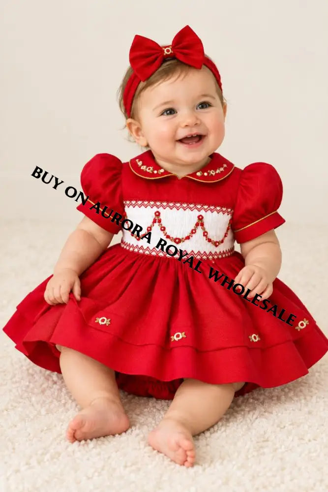 PRE-ORDER & GET NEXT WEEK‼️PACK OF 5 SIZES NEW🎄CASSANDRA RED🧑‍🎄HAND-SMOCKED🧵🪡👑DRESS & ACCESSORIES🎀👼 - DRESS